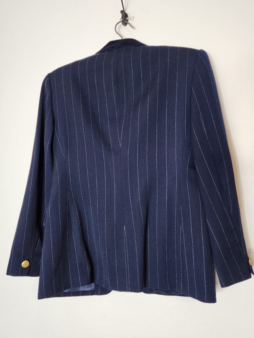 Jones New York Blazer Dsrk Blue Pinstripe Tailored Tuxedo Military Jacket Office - Picture 10 of 16